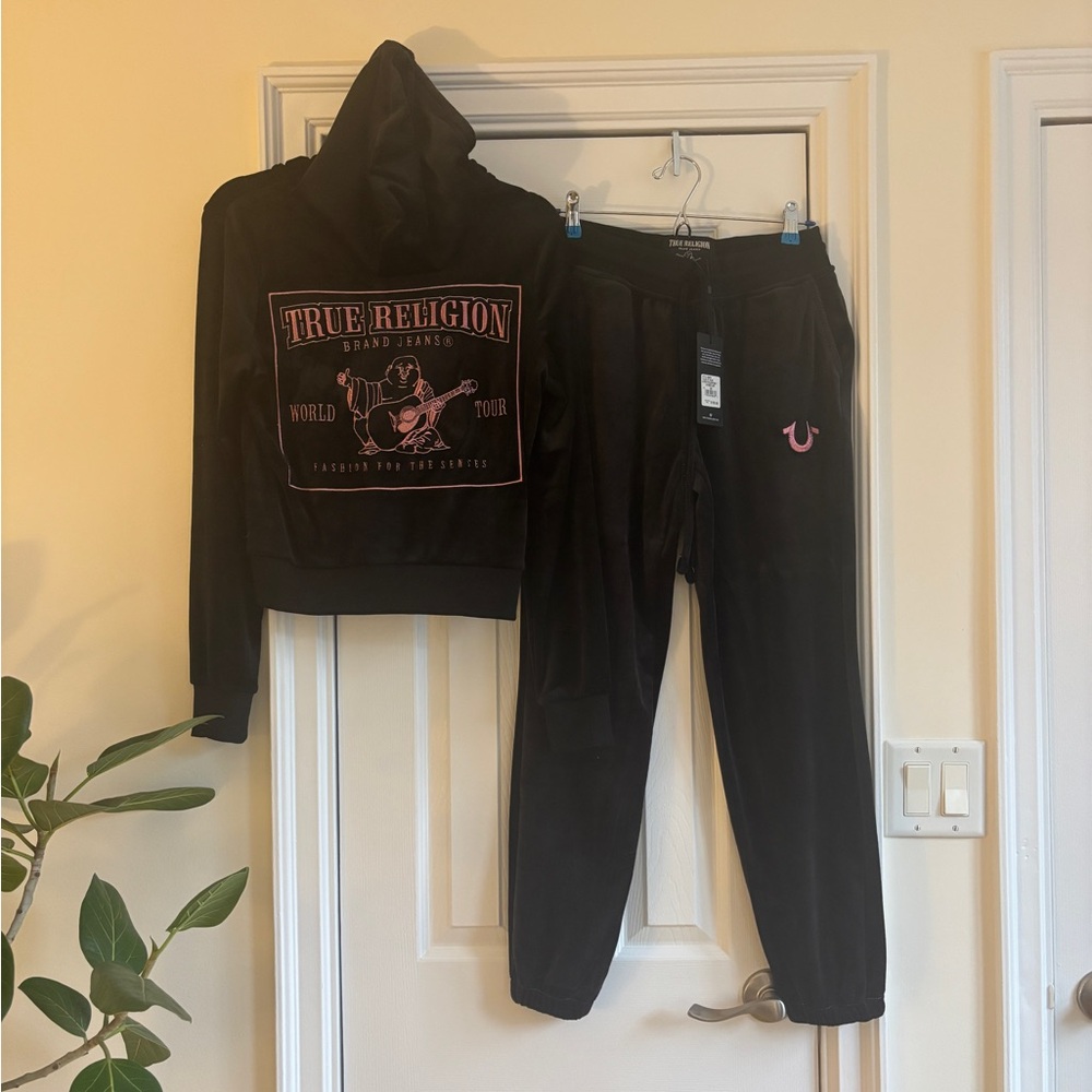 Y2k true Religion velour lurex Black Hoodie and Joggers Set, XS/S